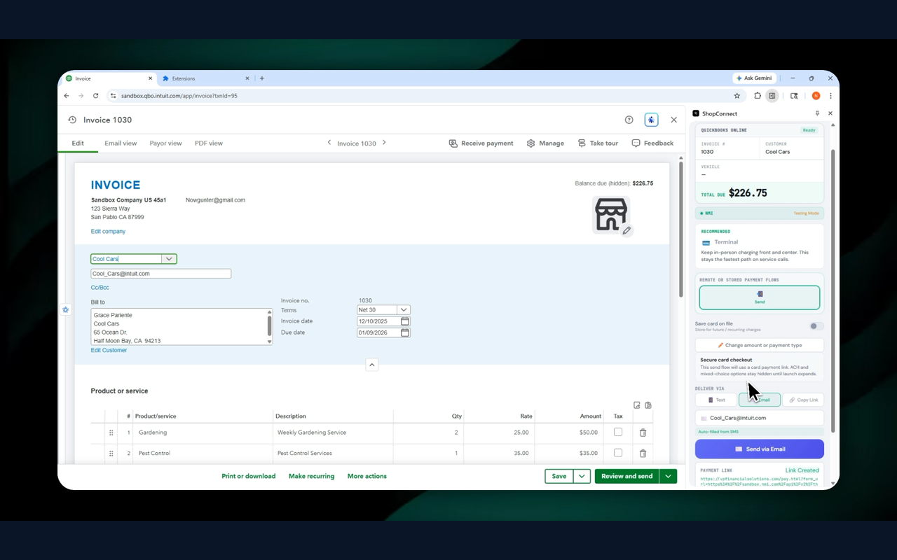 Insight Payment Extension running on a QuickBooks invoice — showing the browser extension sidebar with payment processing, terminal selection, and send options